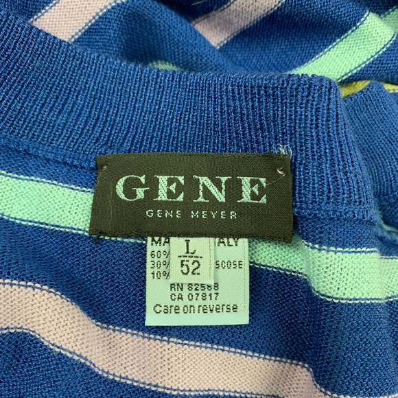 GENE MEYER Blue Yellow Stripe Cotton Blend Crew-Neck Pullover - Picture 4 of 4